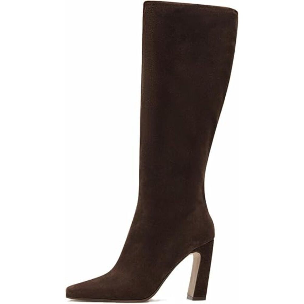 Women Chocolate Square Toe Knee High with Side Zipper Fashion Elastic Tall Boot